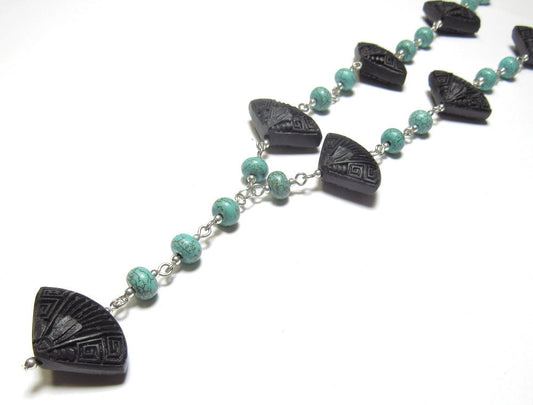 OOAK Synthetic Lava Stone Fan and Turquoise Howlite Necklace