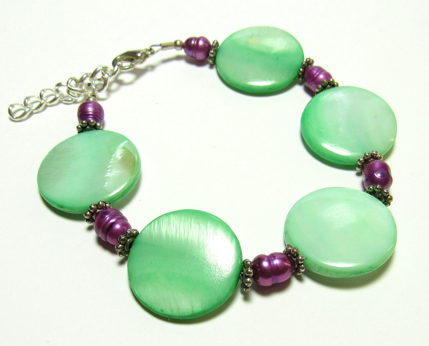 OOAK Green and Magenta Pearl and Mother of Pearl Bracelet