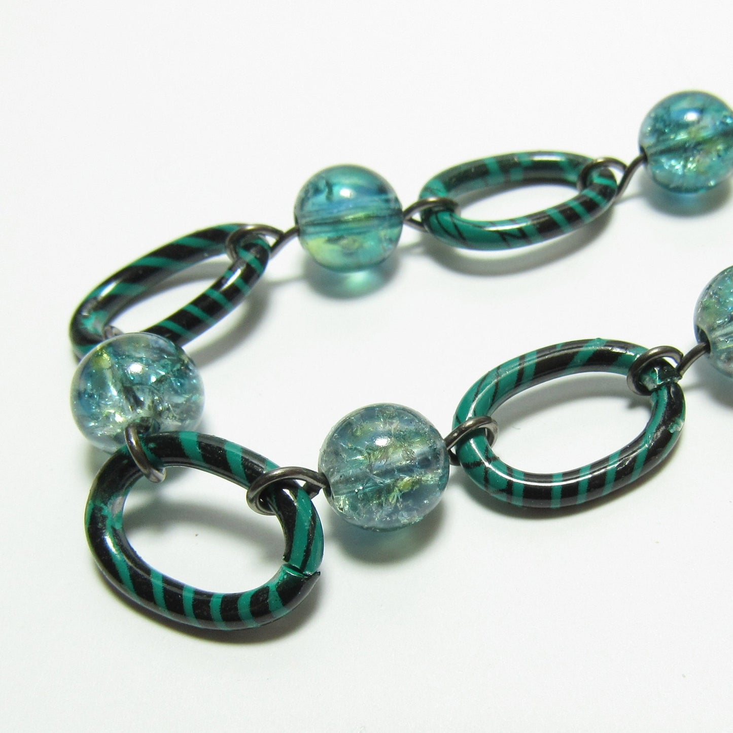 OOAK Green Chain and Crackled Glass Beaded Bracelet
