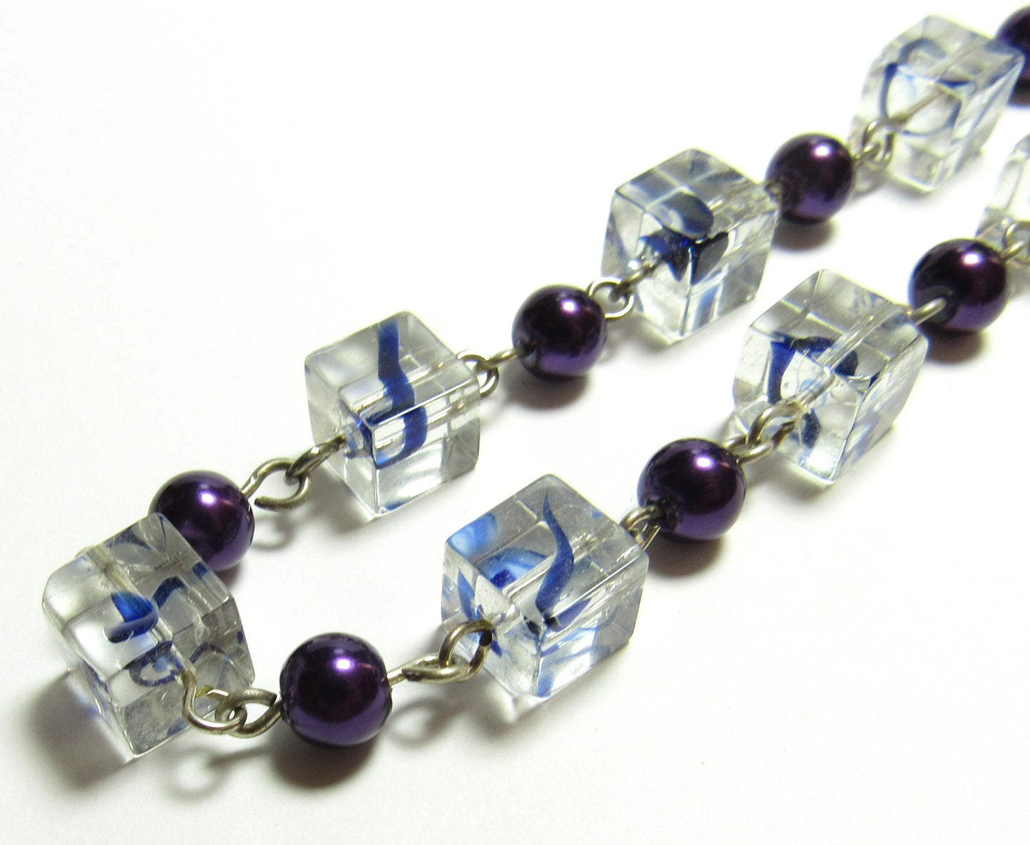 OOAK Blue Swirl Cube and Purple Pearl Czech Glass Bracelet
