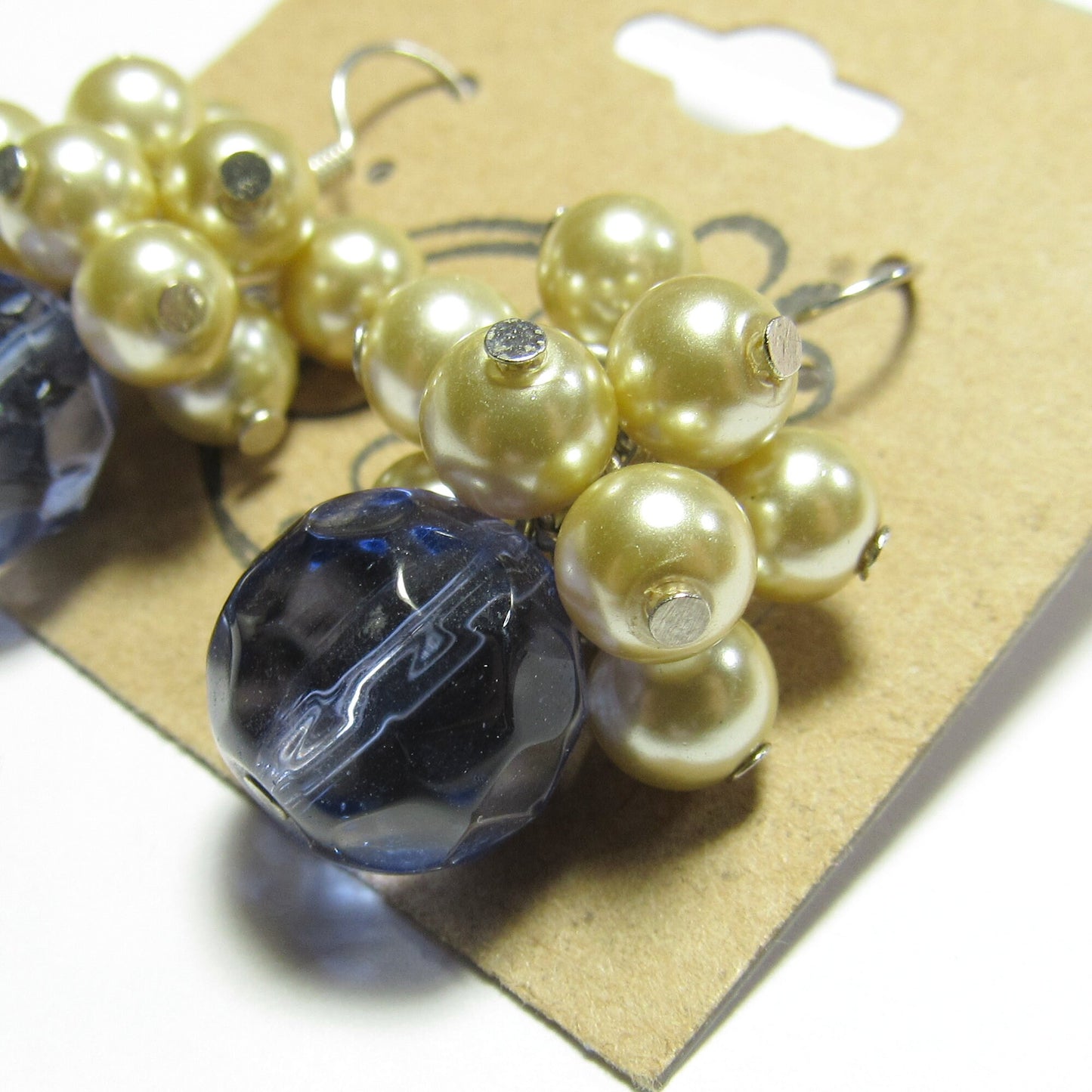 OOAK Blue Czech Glass and Cream White Pearl Cluster Earrings