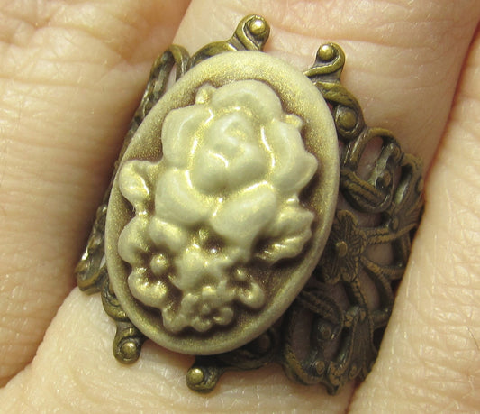 Victorian-Inspired Pearlescent Floral Cameo Antiqued Filigree Brass Adjustable Ring