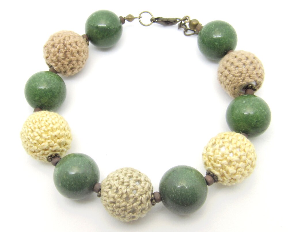 OOAK Crocheted Round, Green Marble and Czech Glass Bracelet