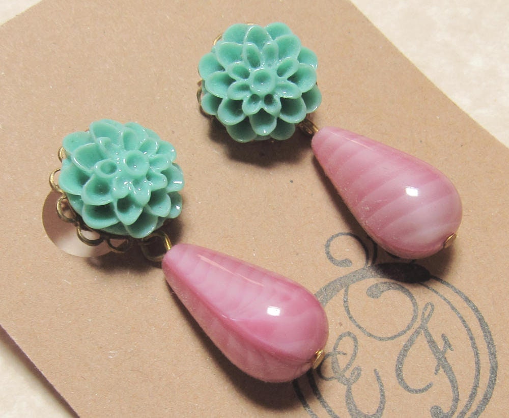 OOAK Teal Mum, Gold and Pink Glass Drop Earrings