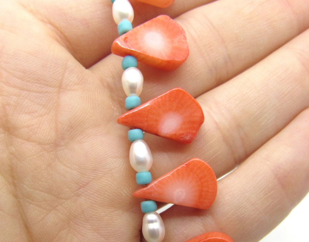 OOAK Coral Teardrop, Cultured Freshwater Pearl and Turquoise Glass Necklace