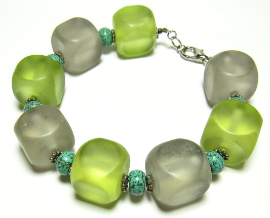 OOAK Turquoise Howlite, Gray and Green Acrylic Cube Geometric Bracelet