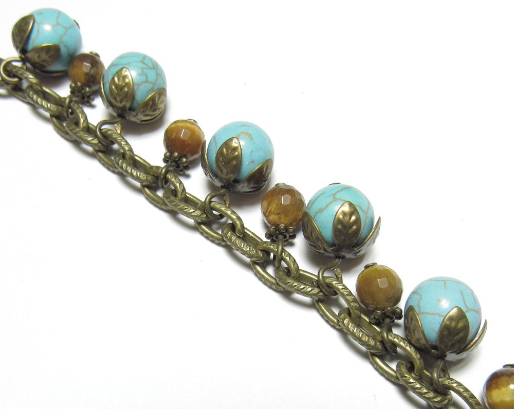 OOAK Tigerseye, Turquoise Howlite and Antiqued Brass Bracelet