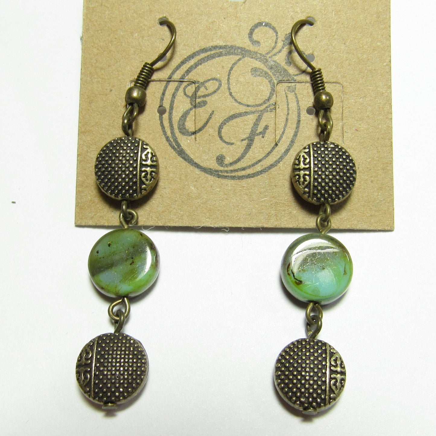 OOAK Green Swirl Czech Glass Patterned Antiqued Brass Earrings