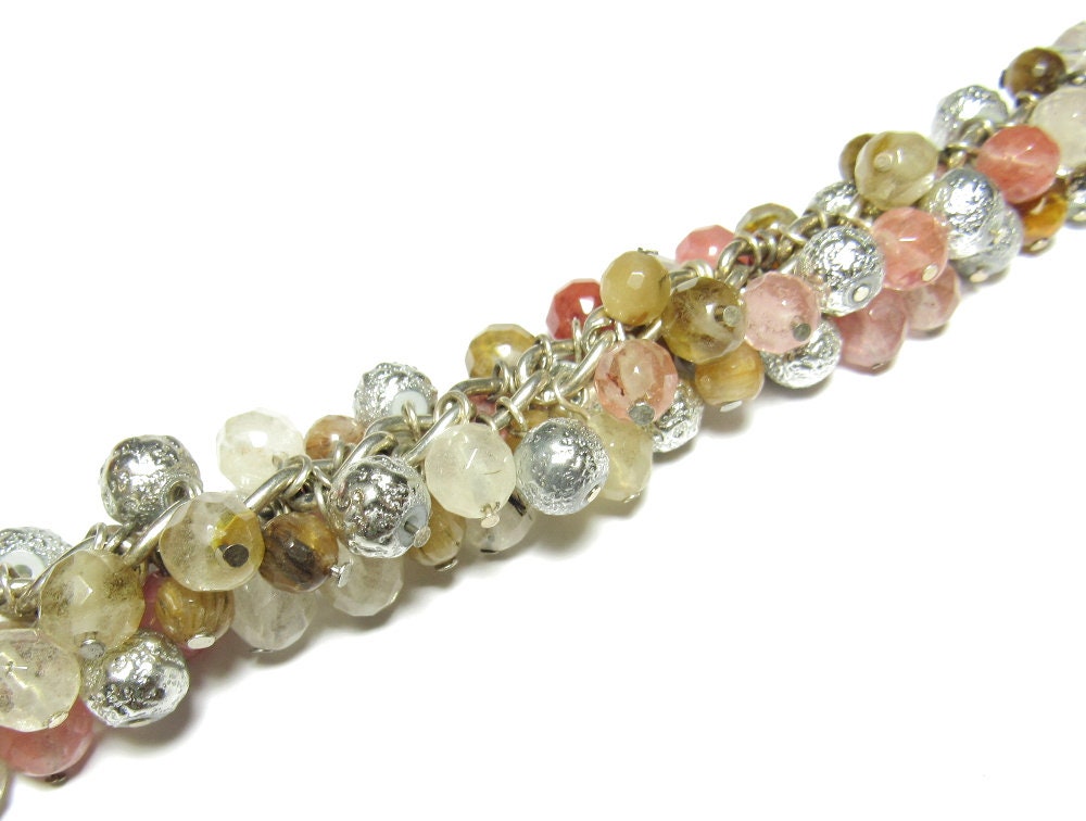 OOAK Cherry Quartz, Tigerseye and Bumpy Silver Czech Glass Cluster Bracelet