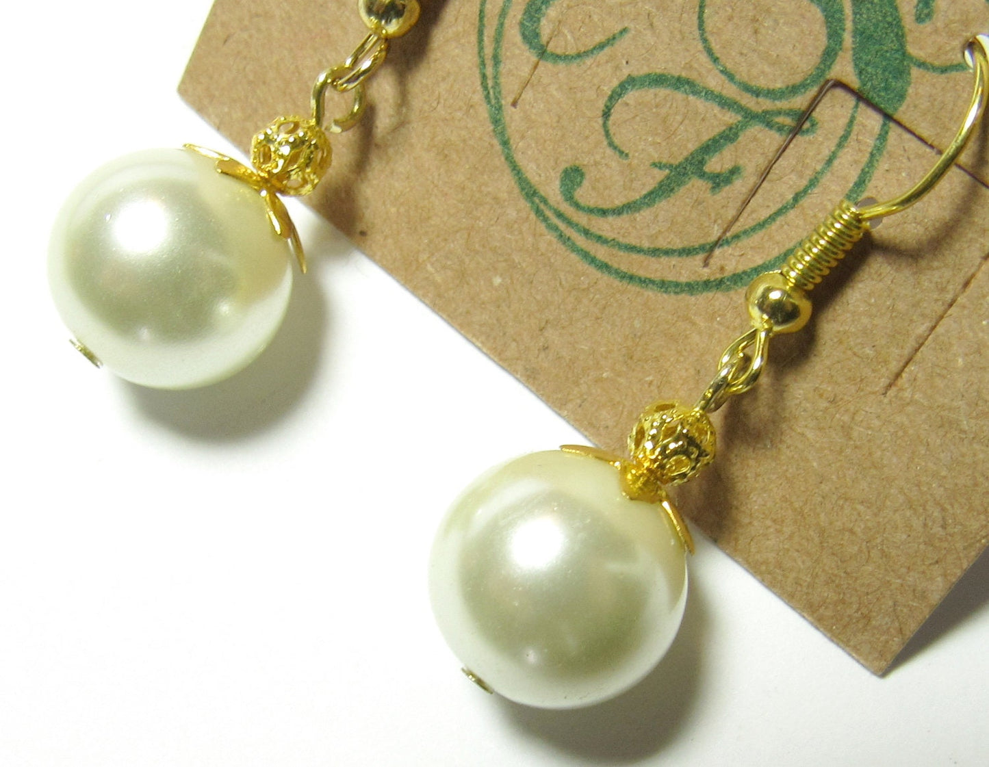 Cream Czech Glass Pearl and Gold Earrings