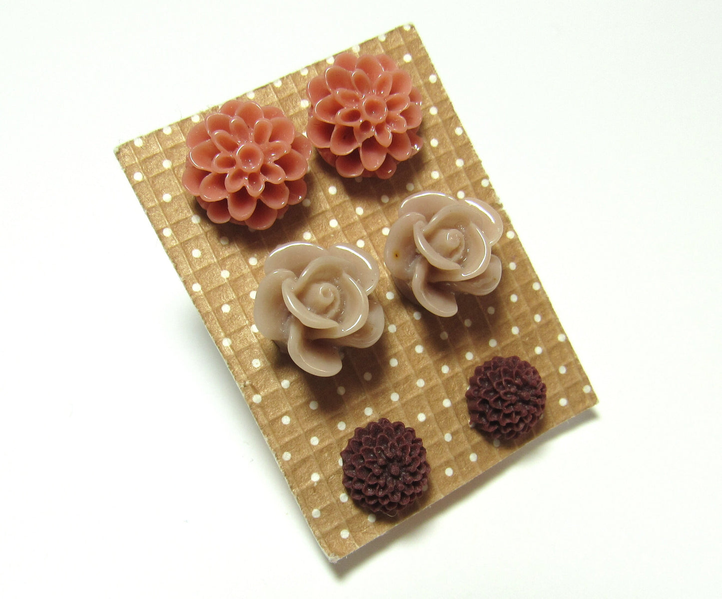 Dusty Pink Mum, Nude Rose and Burgundy Mum Flower Stud Earring Set