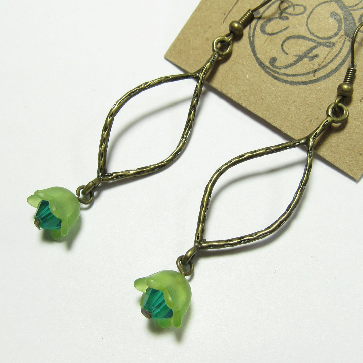 OOAK Lime Flower & Teal Crystal Stamped Brass Floral Earrings