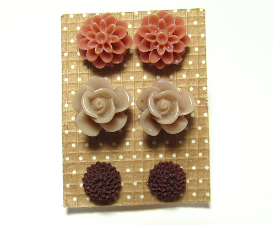 Dusty Pink Mum, Nude Rose and Burgundy Mum Flower Stud Earring Set