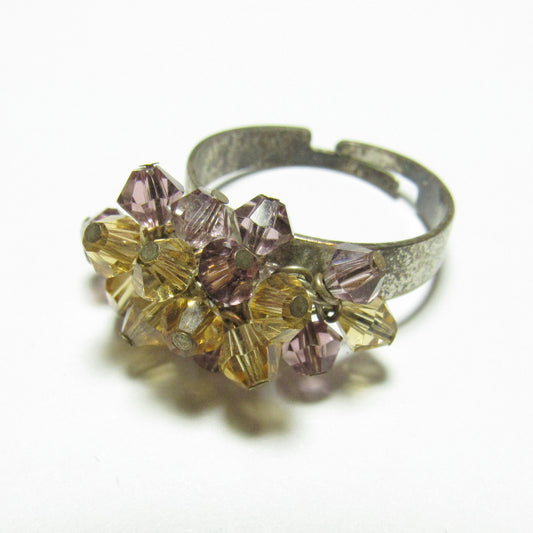 OOAK Yellow and Purple Crystal Antiqued Silver Adjustable Ring