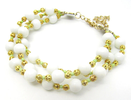 OOAK Lime Green and White Czech Glass and Filigree Gold Multi Strand Bracelet