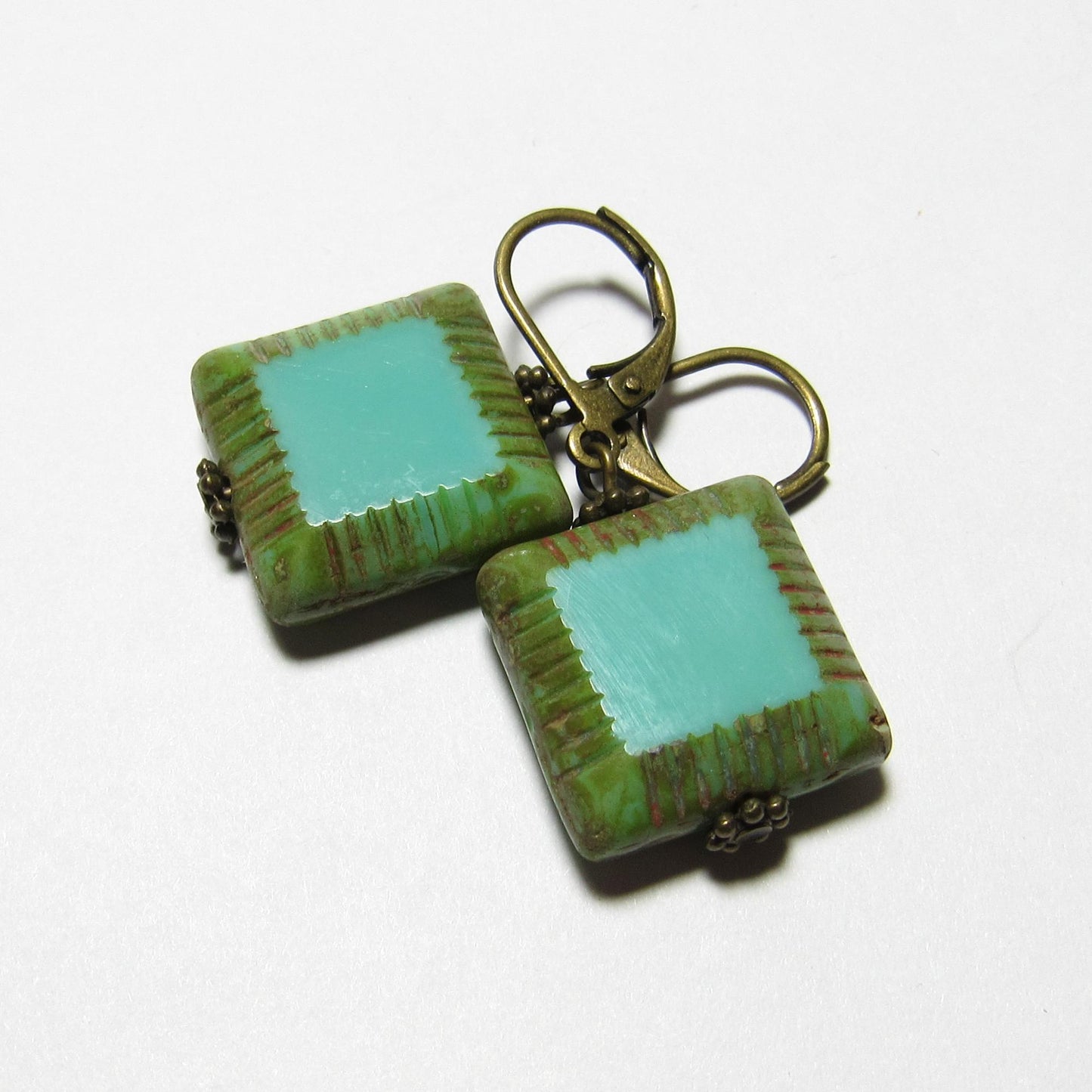 OOAK Blue & Green Czech Glass Square Earrings