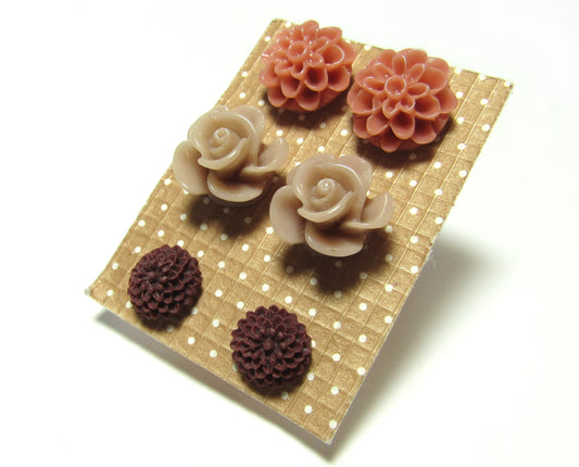 Dusty Pink Mum, Nude Rose and Burgundy Mum Flower Stud Earring Set