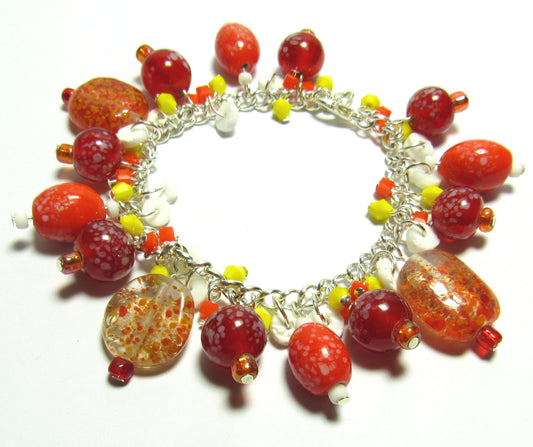 OOAK Orange Yellow and Red Lampwork Glass, Crystal and Shell Cluster Bracelet