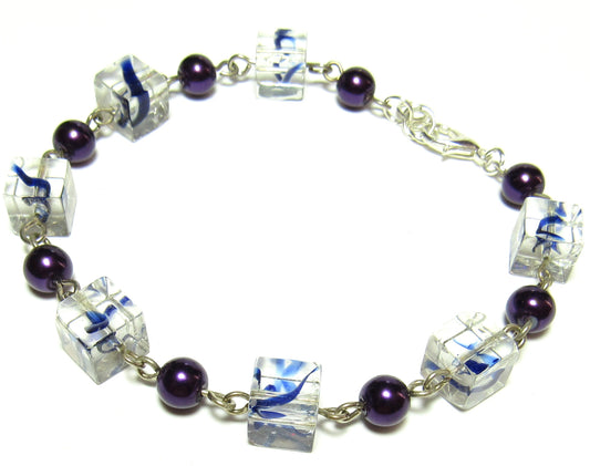 OOAK Blue Swirl Cube and Purple Pearl Czech Glass Bracelet
