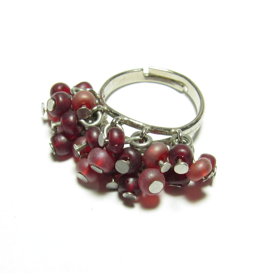 OOAK Maroon Czech Glass and Silver Cluster Adjustable Ring