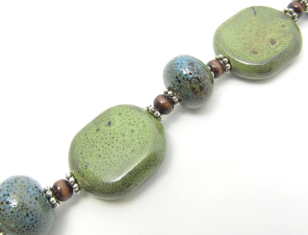 OOAK Green and Turquoise Ceramic, Wood and Silver Bracelet