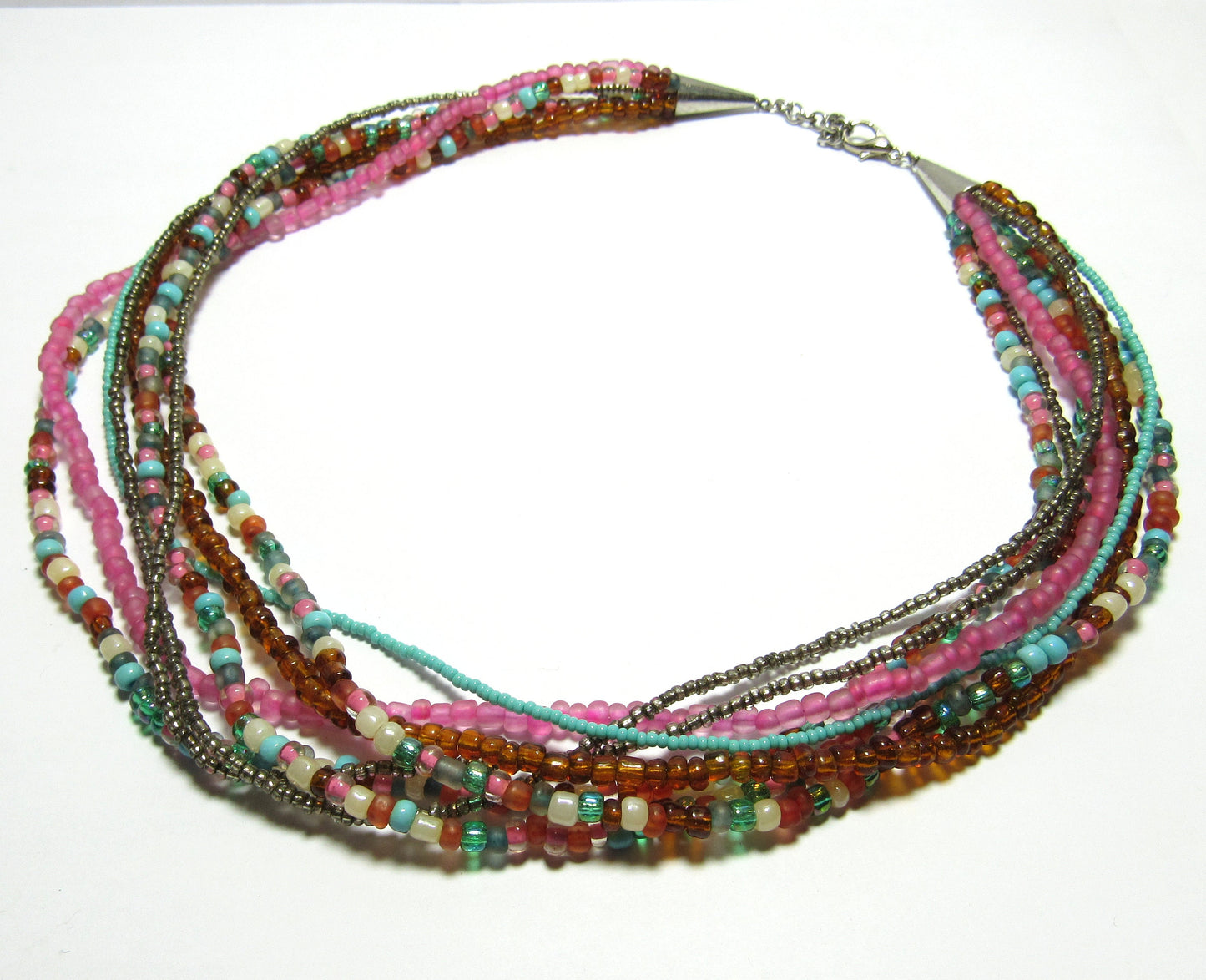 OOAK Pink, Turquoise and Brown Czech Glass Multi Strand Necklace