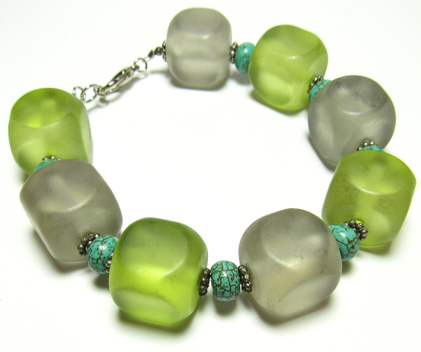 OOAK Turquoise Howlite, Gray and Green Acrylic Cube Geometric Bracelet