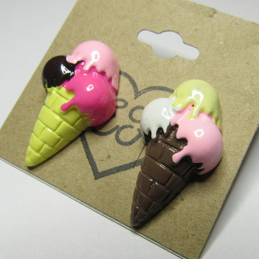 Brown and Yellow Kawaii Ice Cream Cone Stud Earrings