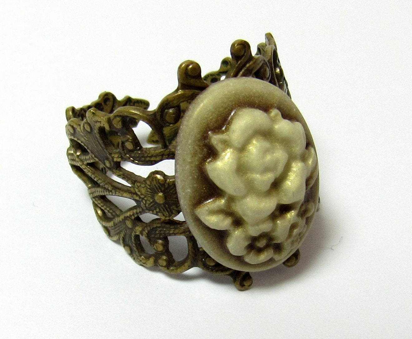 Victorian-Inspired Pearlescent Floral Cameo Antiqued Filigree Brass Adjustable Ring