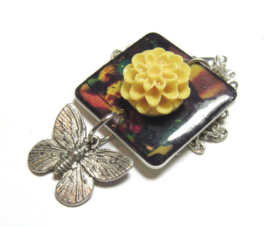 OOAK Yellow Mum and Silver Butterfly Geometric Necklace