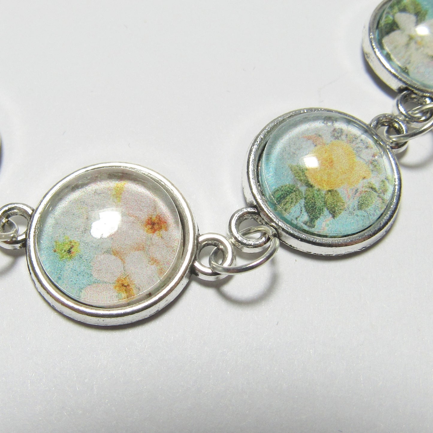 Blue Floral Glass Cabochon Silver Bracelet
