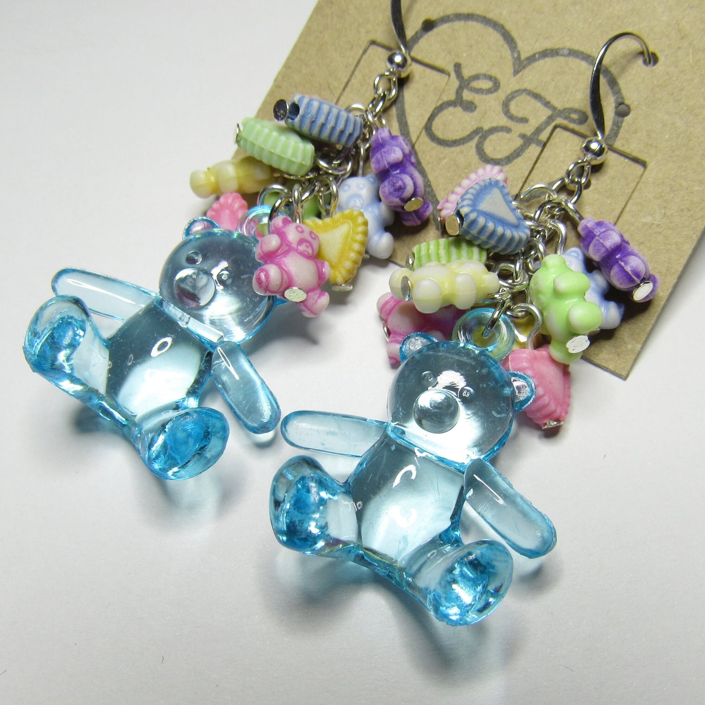 Kawaii Raver Kandi Blue Bear and Heart Cluster Earrings