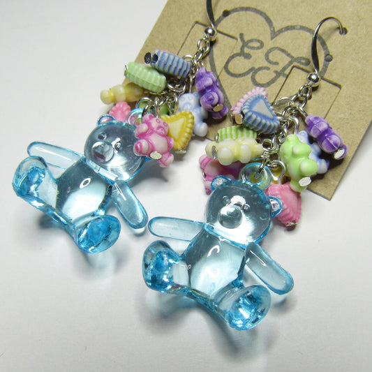 Kawaii Raver Kandi Blue Bear and Heart Cluster Earrings