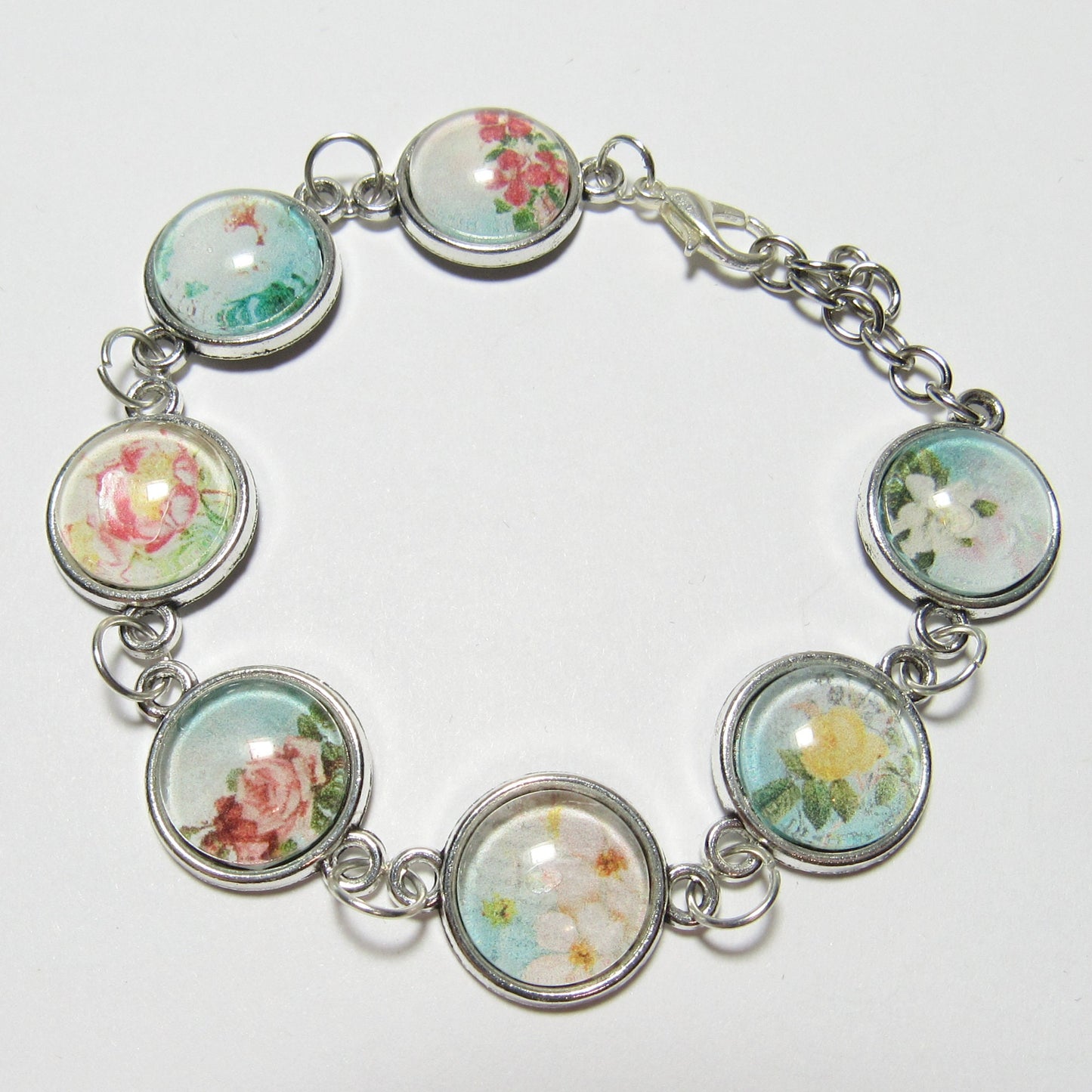 Blue Floral Glass Cabochon Silver Bracelet