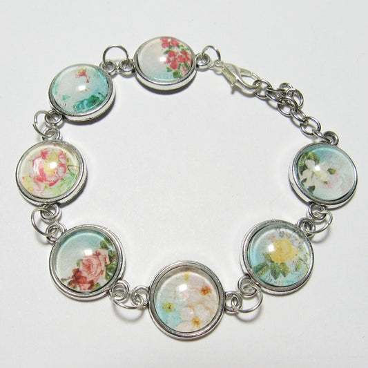 Blue Floral Glass Cabochon Silver Bracelet