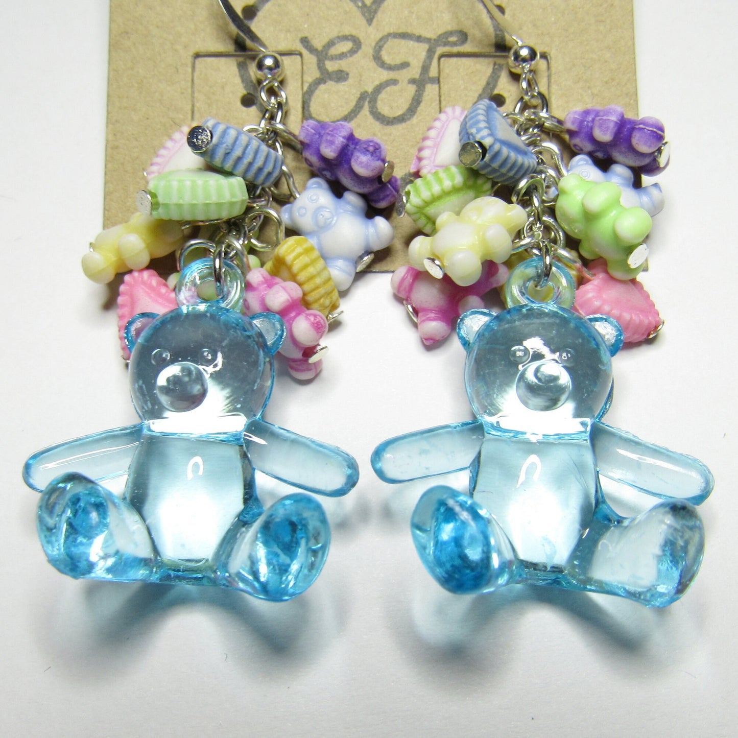 Kawaii Raver Kandi Blue Bear and Heart Cluster Earrings