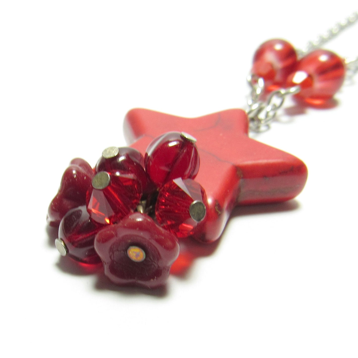OOAK Red Howlite Star, Czech Glass Flower and Crystal Chain Necklace