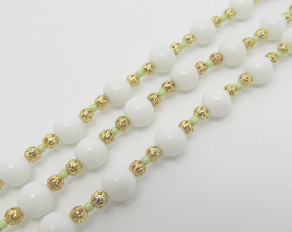 OOAK Lime Green and White Czech Glass and Filigree Gold Multi Strand Bracelet