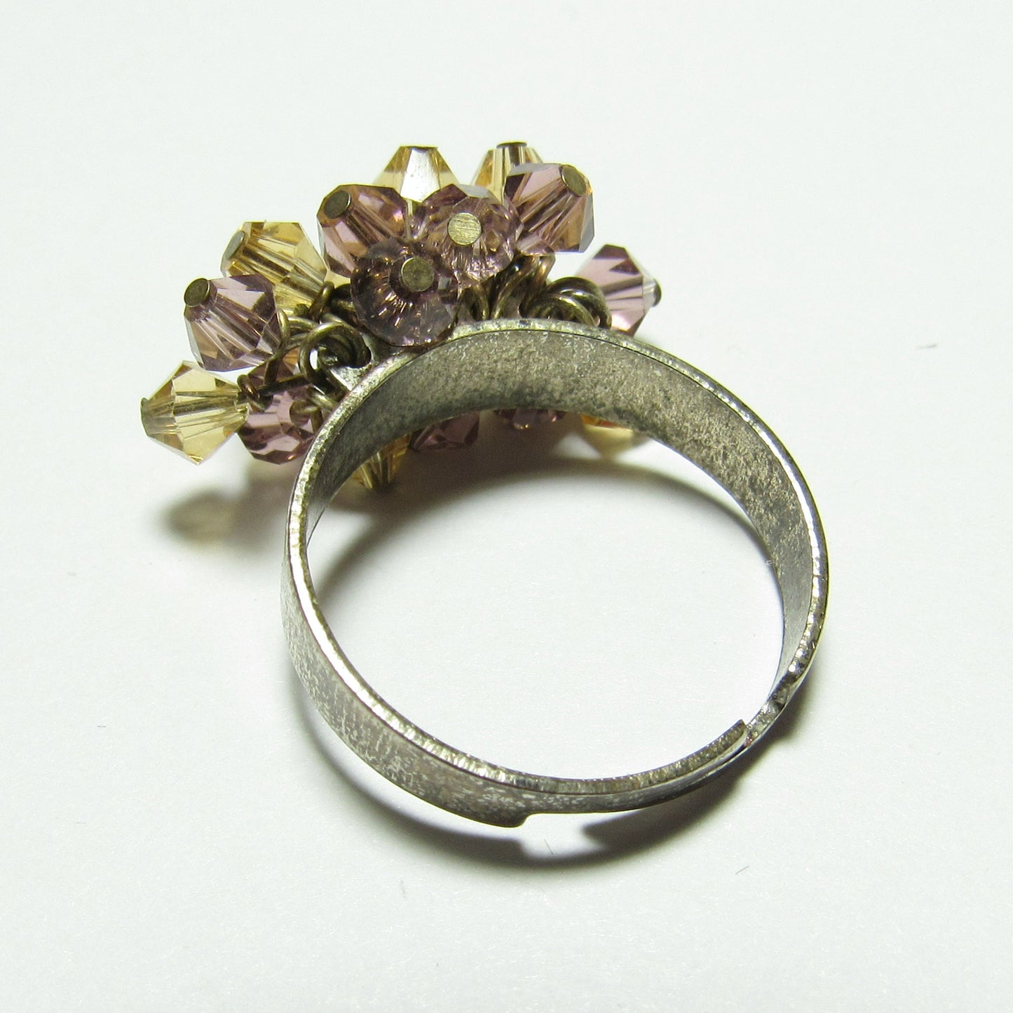 OOAK Yellow and Purple Crystal Antiqued Silver Adjustable Ring