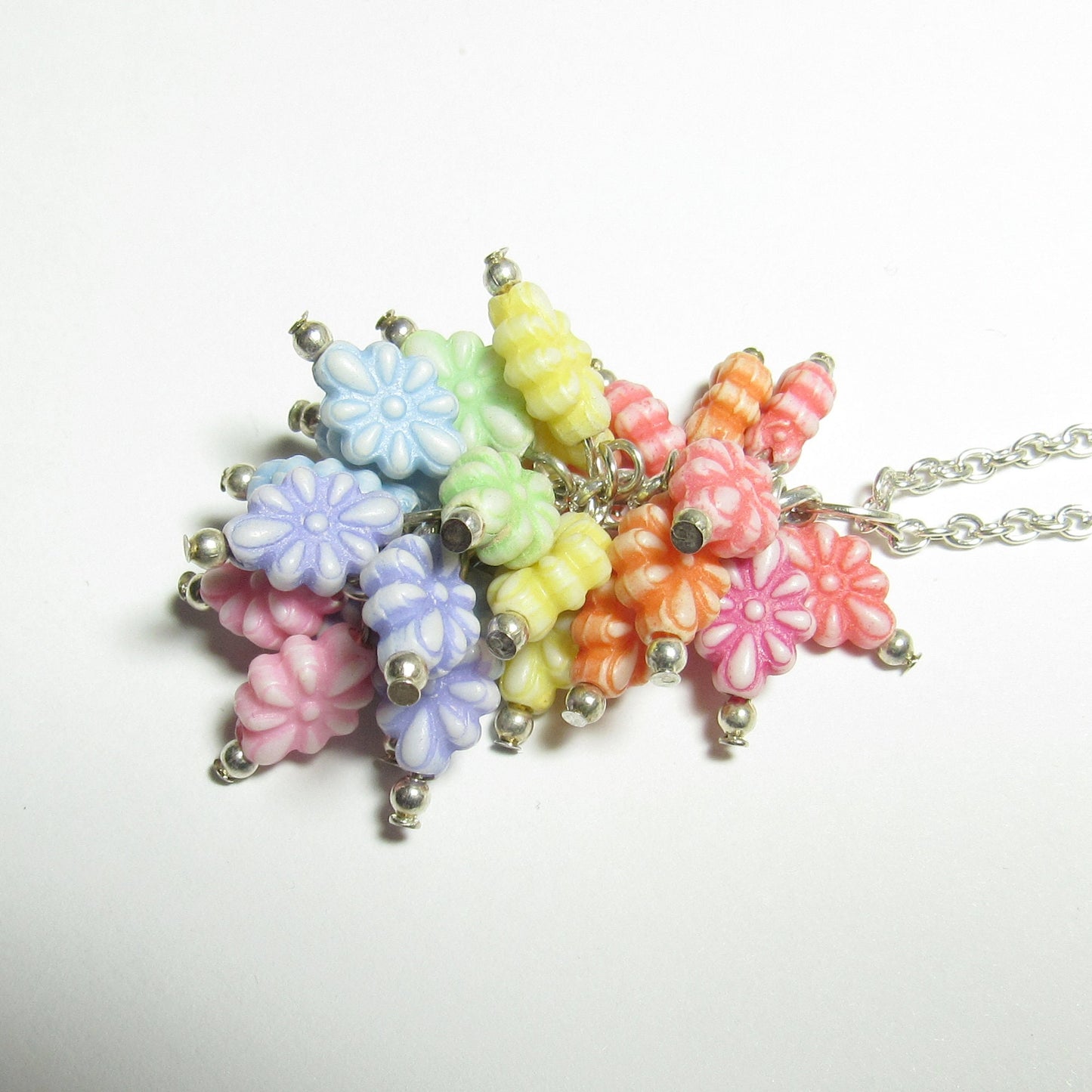 Floral Rainbow Cluster Silver Chain Necklace