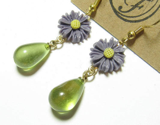 OOAK Purple & Green Daisy Teardrop Earrings