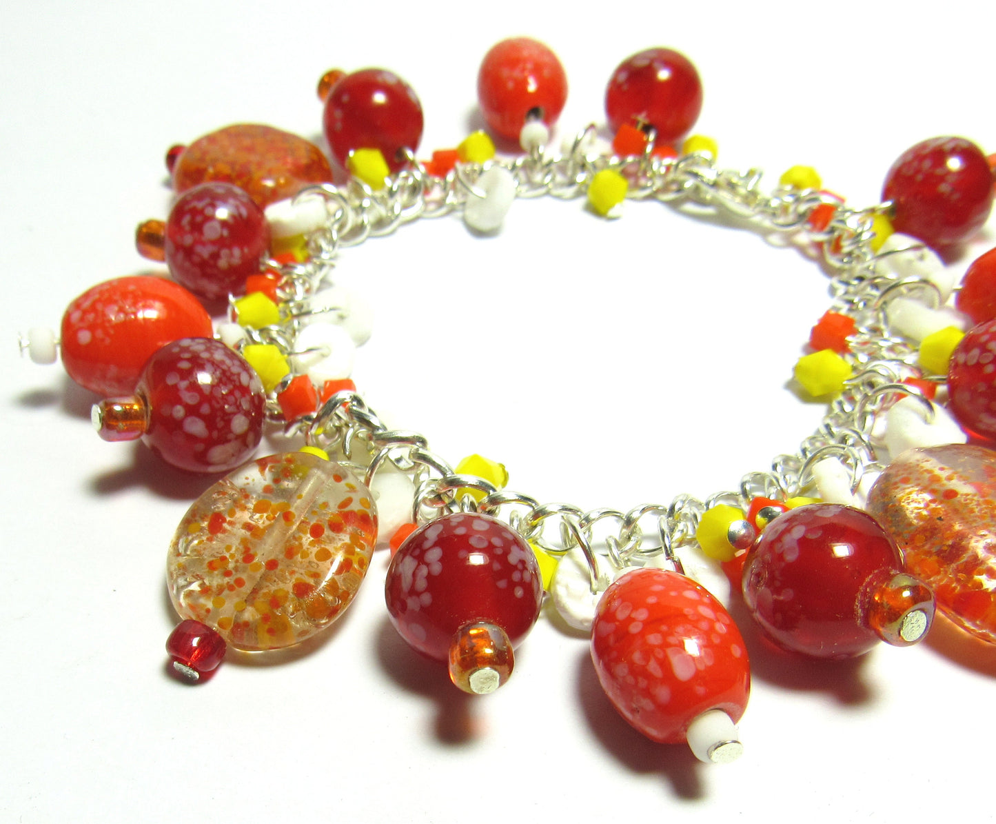 OOAK Orange Yellow and Red Lampwork Glass, Crystal and Shell Cluster Bracelet