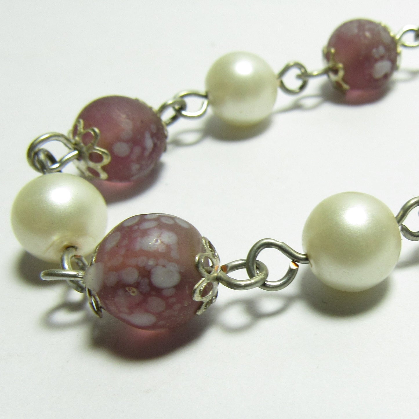 OOAK Speckled Purple and Pearl Czech Glass Beaded Chain Necklace