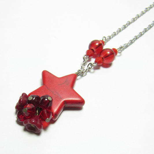 OOAK Red Howlite Star, Czech Glass Flower and Crystal Chain Necklace