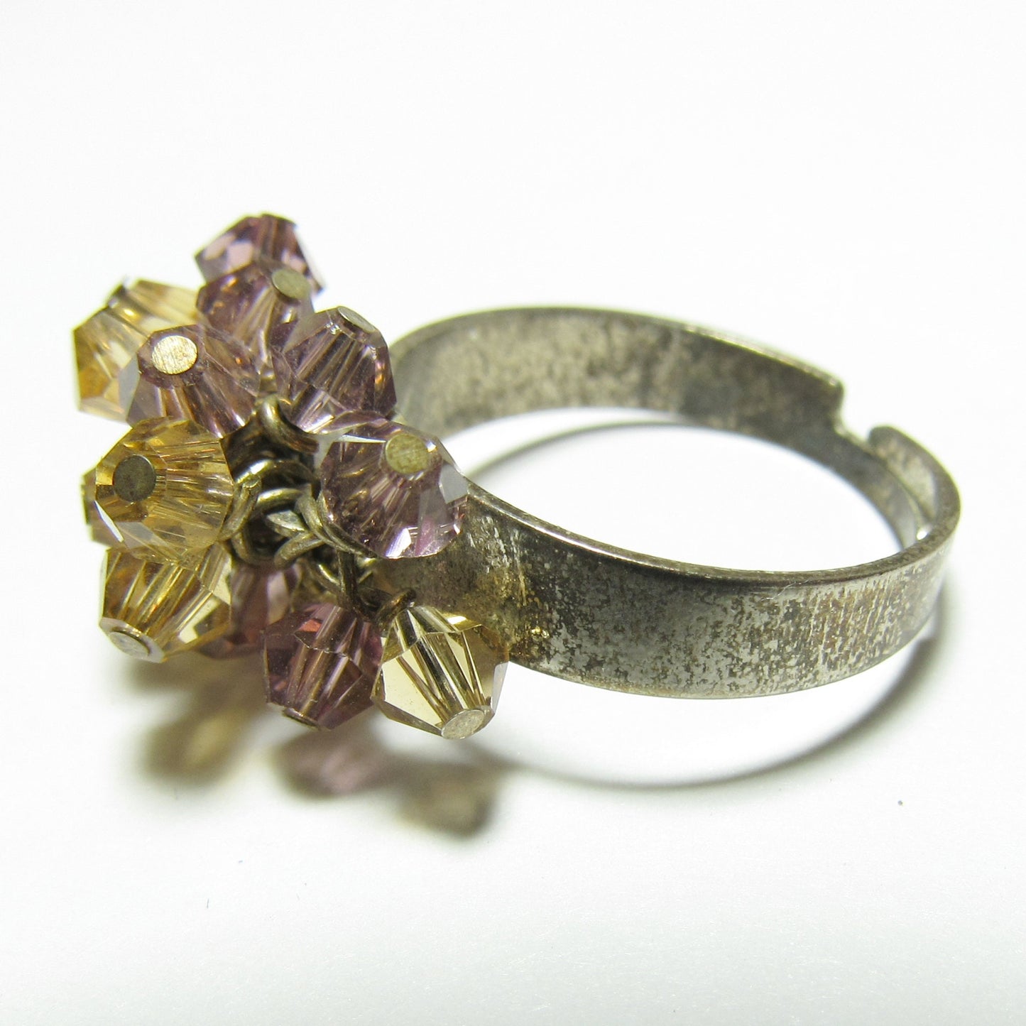OOAK Yellow and Purple Crystal Antiqued Silver Adjustable Ring