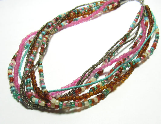 OOAK Pink, Turquoise and Brown Czech Glass Multi Strand Necklace