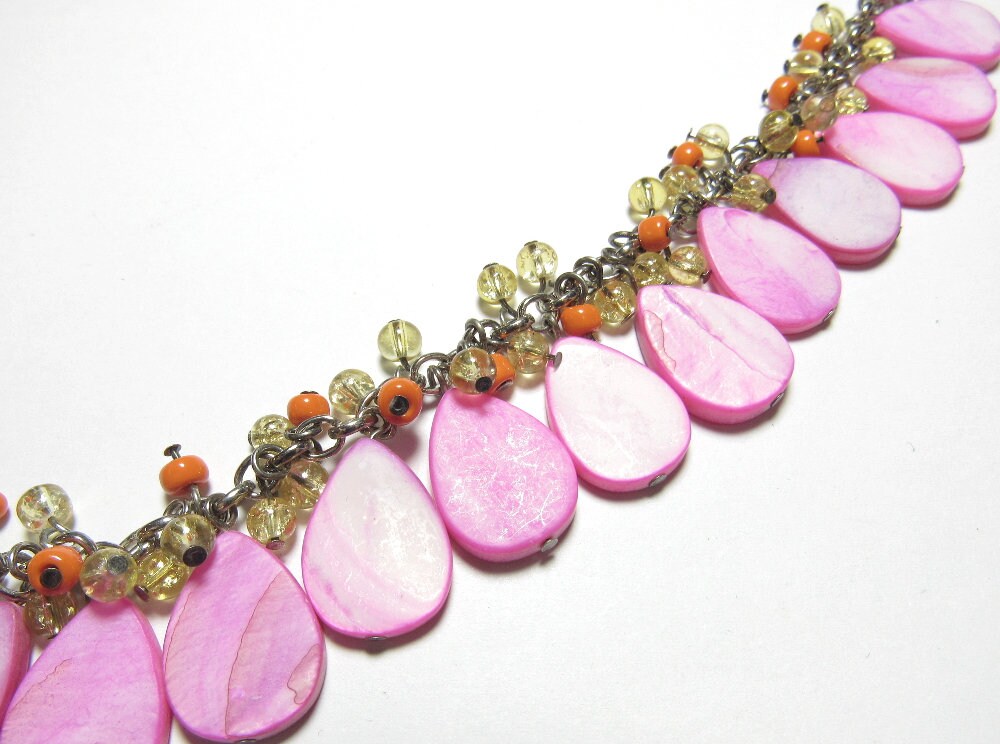 OOAK Hot Pink Mother of Pearl, Orange and Yellow Czech Glass Cluster Bracelet