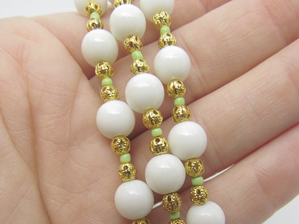 OOAK Lime Green and White Czech Glass and Filigree Gold Multi Strand Bracelet