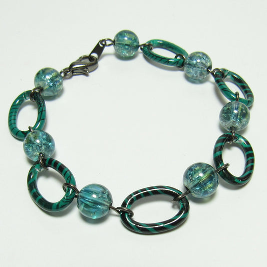 OOAK Green Chain and Crackled Glass Beaded Bracelet