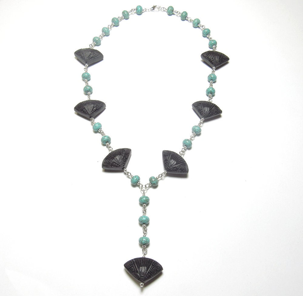 OOAK Synthetic Lava Stone Fan and Turquoise Howlite Necklace
